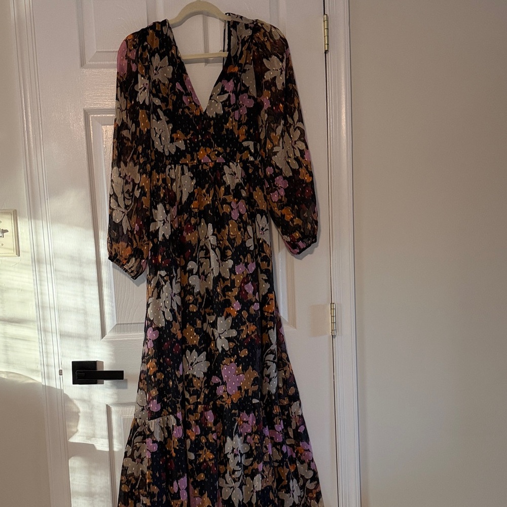 LOFT Floral Long Sleeve Dress - Black, Purple, Orange